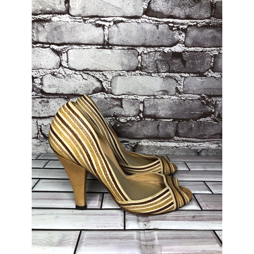 Marcello Toshi Gold Brown Stripe Fabric Peep Toe 5” High Heels Women Sz 6M US/37